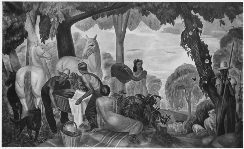 FWA:PBA:Paintings and Sculptures for Public Buildings:painting depicting farm workers in wooded setting taking a break from their work with blanket spread on ground:horses on far left and sheep and sheepherder on far right:artist J. Theodore Johnson:Garden City New York