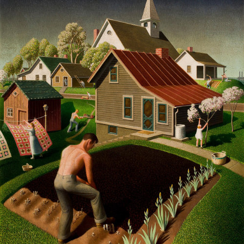 Painting named Spring in Town. By Grant Wood (1941).